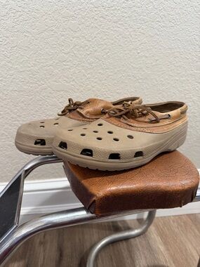 CROCS Islander Pit Crew Taupe and Brown Slip-On Clog Loafers